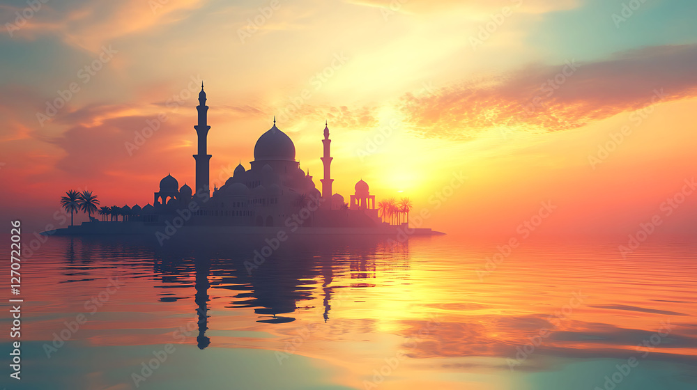 Fototapeta premium Ramadan Kareem religious background with mosque silhouettes reflected in serene sea