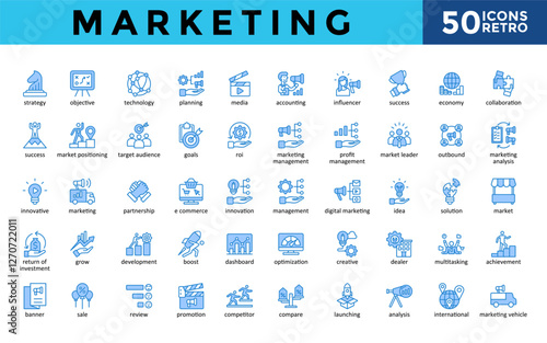 Marketing icons set with strategy, objective, technology, planning, media, accounting, influencer, success, economy, collaboration icon. Simple retro vector 
