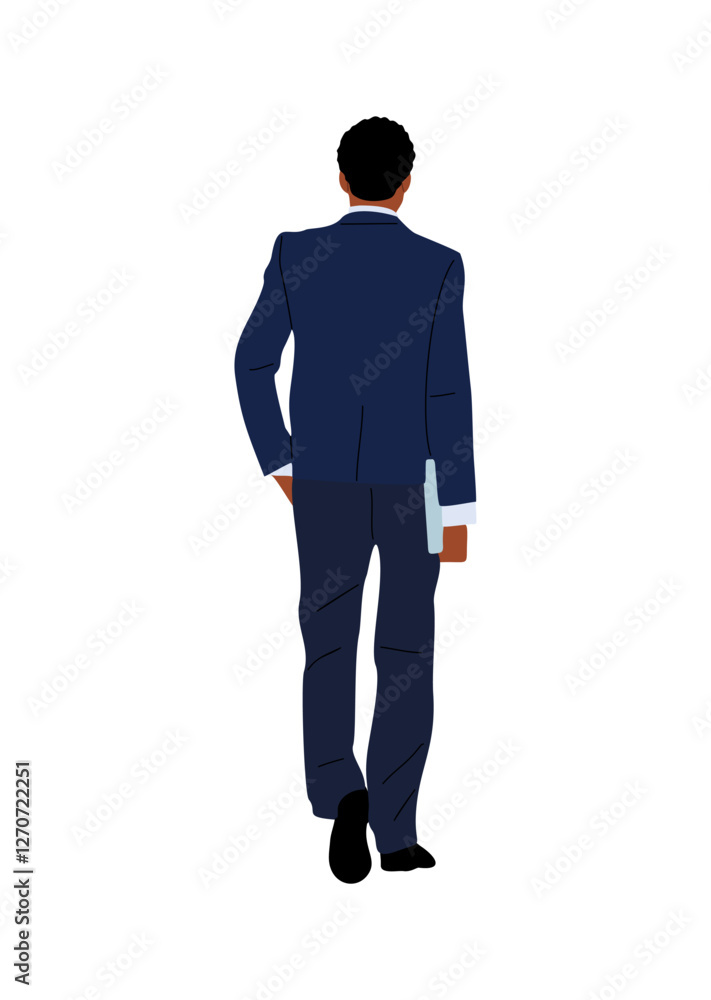 Black businessman walking rear view, holding laptop. Elegant african american man in formal suit from behind, turned back. Backside male character Vector illustration isolated Black businessman walking rear view, holding laptop. Elegant african american man in formal suit from behind, turned back. Backside male character Vector illustration isolated