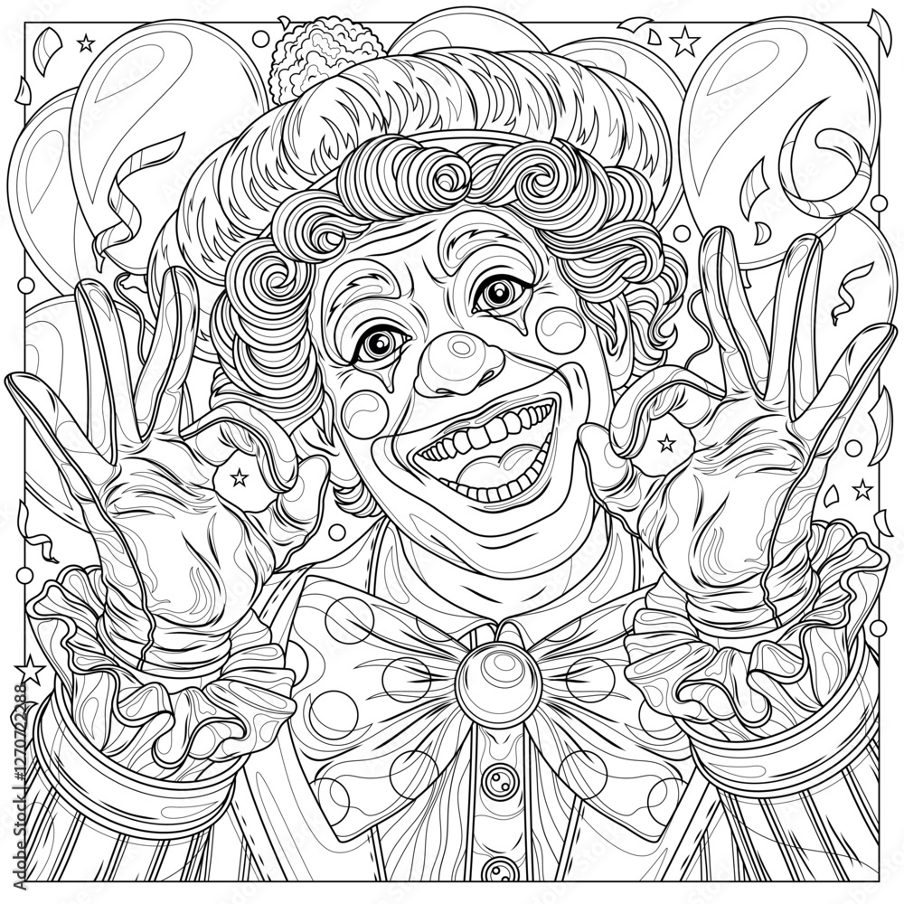 Happy clown in a frame.Coloring book antistress for children and adults. Happy clown in a frame.Coloring book antistress for children and adults.