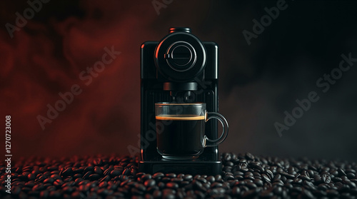 Hot coffee flow to a cup on espresso machine, minimal style, Dark Dramatic Lighting.