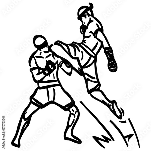 Vector illustration of two martial artists in Muay Thai, Muay Boran, kickboxing or MMA combat. Black and white line art drawing, silhouette 