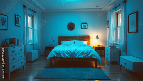 Cozy bedroom with soft blue lighting, clean and serene ambiance perfect for peaceful sleep, relaxation, and calm night-time environments photo