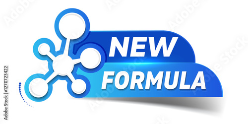 New formula - emblem for new product line. Blue sticker with molecular symbol. New innovative and improved formula product label packaging vector badge icon.