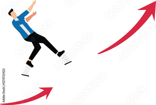 Changing or transforming, turning around, challenging the odds and conquering adversity, a businessman pole vaulting from the down arrow to the up arrow of growth