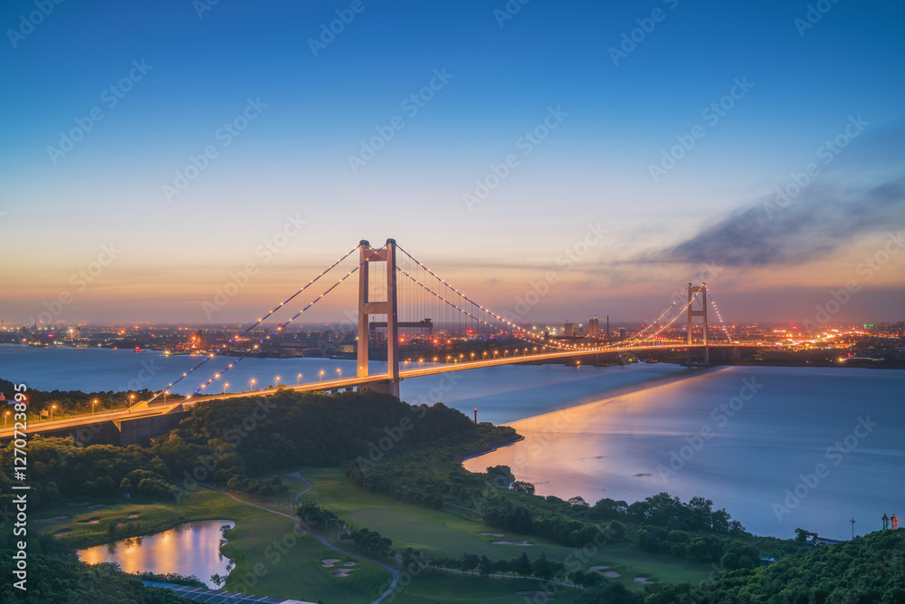 Fototapeta premium Jiangyin Yangtze River Bridge and Yangtze River and Urban Scenery in Jiangsu Province, China on August 6, 203