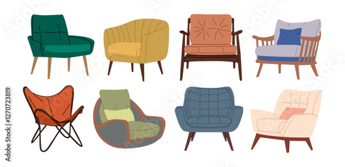 Set of different vintage mid century modern armchairs. Comfortable soft furniture different colors, shapes and viewing angle back, front and side. Vector flat illustration isolated