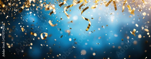 Glimmering Gold Confetti and Streamers Falling Against a Bright Blue Background for Celebrations and Festive Occasions