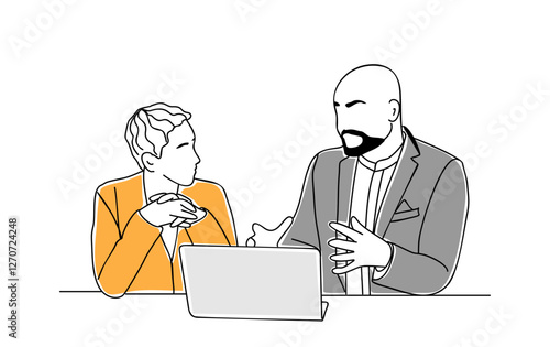 Senior business couple, man and woman colleagues sitting at the desk, working together at laptop. Project, discussion, teamwork, meeting, brainstorming concept. Outline hand drawn vector illustration.