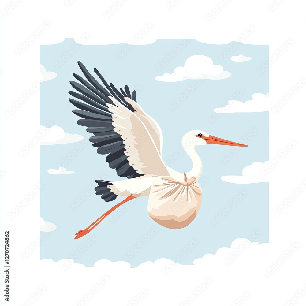 Obraz premium White Stork Carrying Baby Bundle in Flight Sky Background Cute Illustration
