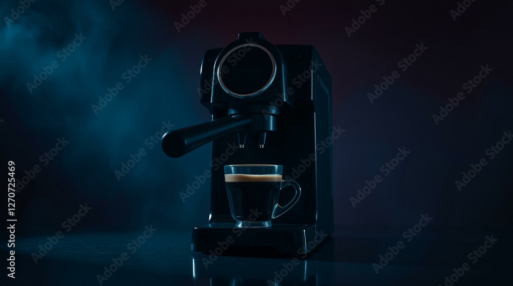 Fototapeta premium Hot coffee flow to a cup on espresso machine, minimal style, Dark Dramatic Lighting.