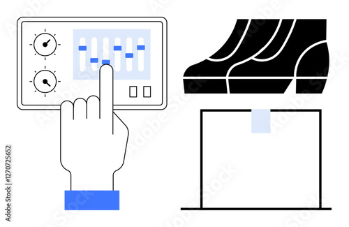 User finger adjusting controls on panel, shoe pressing pedal. Ideal for technology, automation, mechanical systems, user interface, programming, electronics workshops. Minimalist abstract line flat