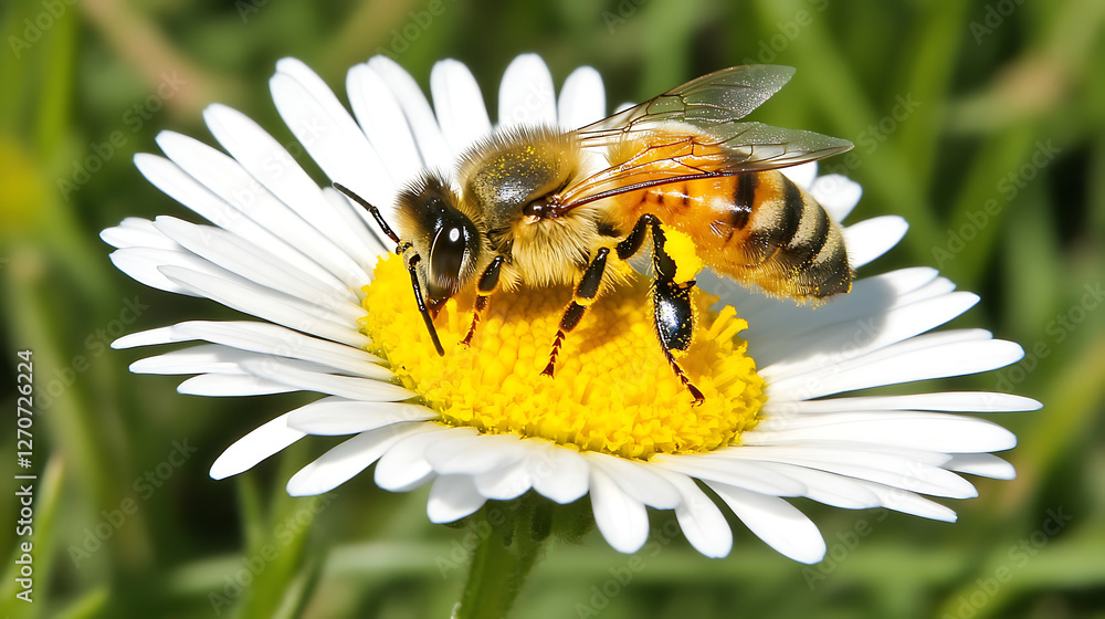 Honeybee Collecting Pollen on Daisy Flower in Natural Garden Setting Closeup Insect on Bloom Honeybee Collecting Pollen on Daisy Flower in Natural Garden Setting Closeup Insect on Bloom
