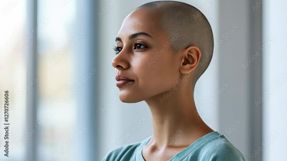 A woman with a shaved head and a green shirt A woman with a shaved head and a green shirt