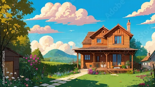 Illustration, a house, garden, lots of clouds