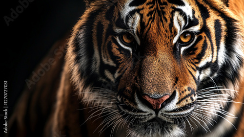 A close-up of a large tiger face showing its vibrant orange fur, black stripes and piercing eyes with a black background that adds to its gaze photo