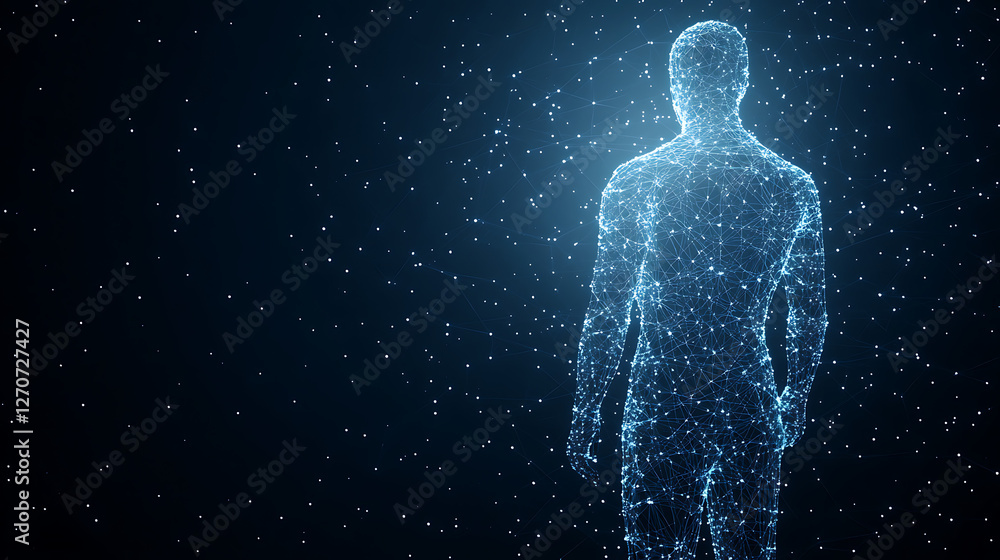 Human Figure Depicted with Polygonal Network, Representing Artificial Intelligence and Digitalization Human Figure Depicted with Polygonal Network, Representing Artificial Intelligence and Digitalization