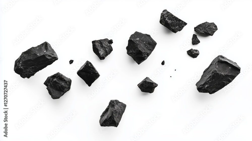 Naklejka premium Flying falling black rocks isolated on white background