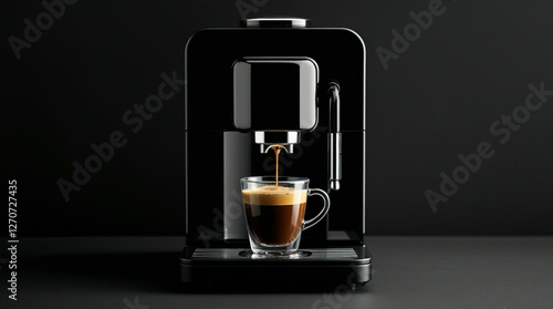 Hot coffee flow to a cup on espresso machine, minimal style, Dark Dramatic Lighting.