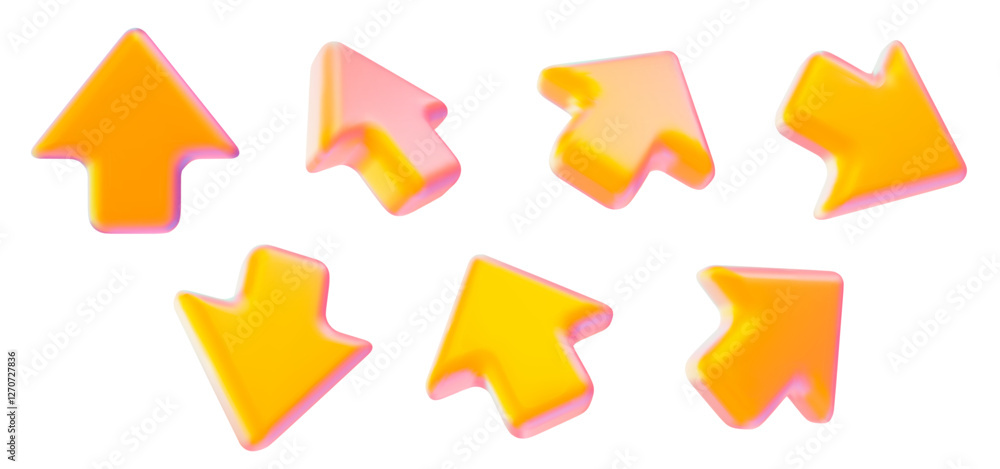 3d set click cursor icon with a gradient yellow and pink colors. Mouse arrows pointing in different directions. Stock vector illustration on isolated background. 3d set click cursor icon with a gradient yellow and pink colors. Mouse arrows pointing in different directions. Stock vector illustration on isolated background.