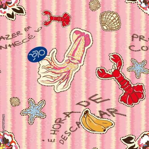 Wallpaper Mural Retro Hawaii Animal Sea-life Vector illustration Seamless Pattern On Stripe Background Wallpaper Torontodigital.ca