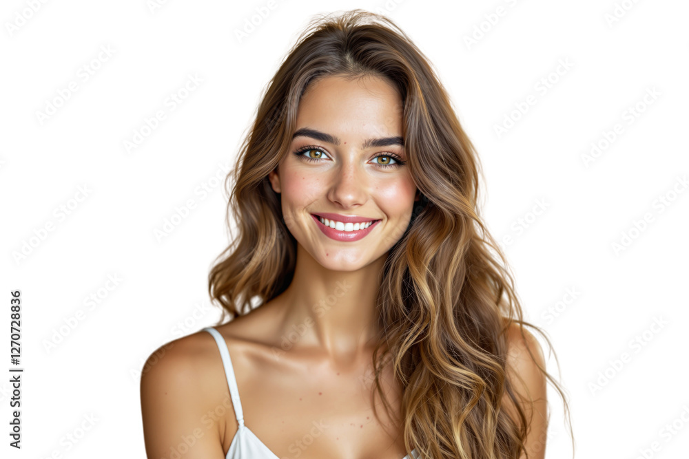 Portrait of a smiling woman with long wavy brown hair, wearing a white top, isolated on a white background. Beauty, happiness, and confidence concept. Ai generative Portrait of a smiling woman with long wavy brown hair, wearing a white top, isolated on a white background. Beauty, happiness, and confidence concept. Ai generative