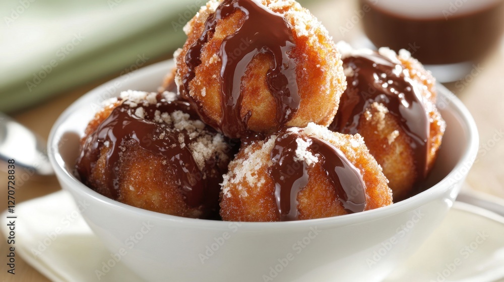 Delicious cinnamon sugar doughnut holes drizzled with chocolate in a bowl. Churro Bites with Chocolate Sauce Delicious cinnamon sugar doughnut holes drizzled with chocolate in a bowl. Churro Bites with Chocolate Sauce