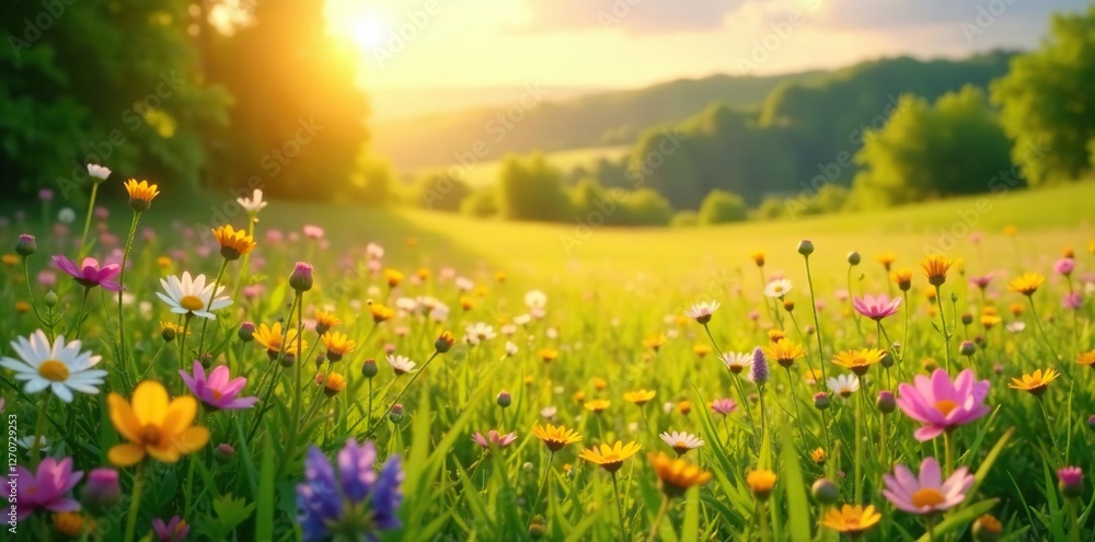 Sunlit meadow with wildflowers and a gentle breeze, sun, peaceful Sunlit meadow with wildflowers and a gentle breeze, sun, peaceful