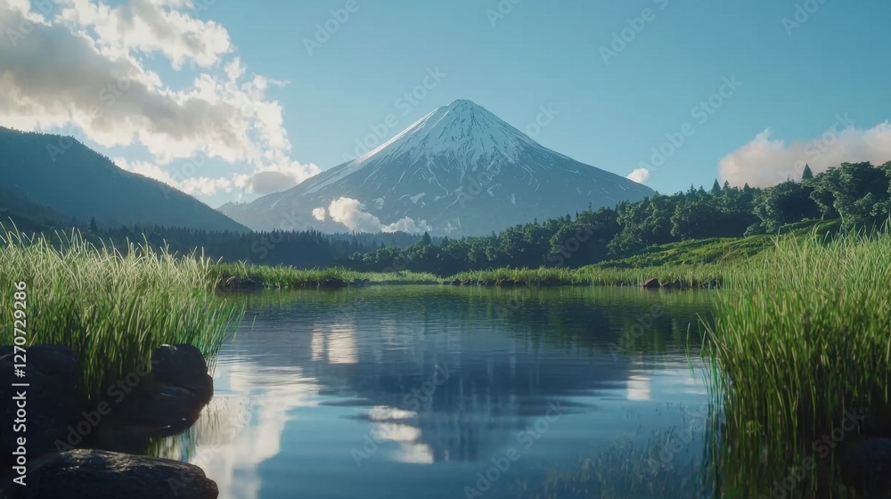 Photorealistic 3D Mount Fuji, reflecting in the tranquil waters of Lake Kawaguchi. Photorealistic 3D Mount Fuji, reflecting in the tranquil waters of Lake Kawaguchi.