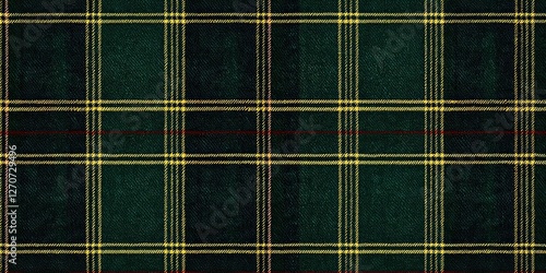 Dark Green Plaid Texture Grid Pattern, Yellow and Red Lines, Fabric Design, Seamless Repeat Plaid, Textile