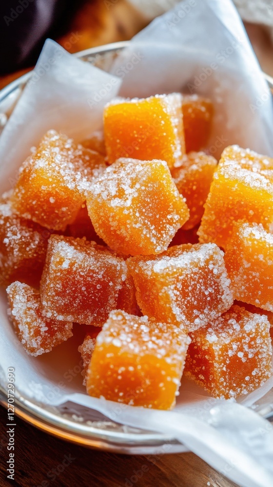 Close-up of sugar-coated mango candy cubes in a dish Close-up of sugar-coated mango candy cubes in a dish