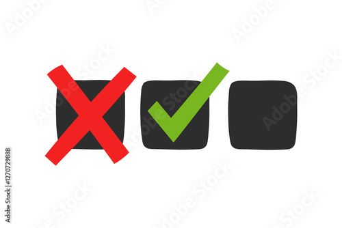 Check Mark and Cross Symbol Set. Hand drawn vector illustration of vote and choice signs on black square checkbox.
