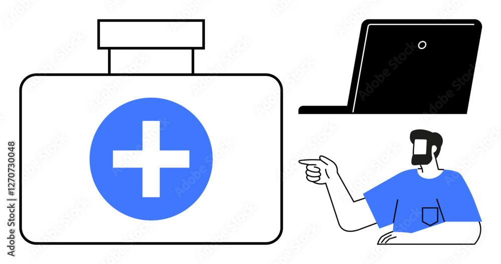 Obraz premium First aid kit with blue cross, laptop, person pointing in blue shirt. Ideal for telemedicine, online consultation, healthcare services, remote diagnosis, virtual assistance, digital health medical