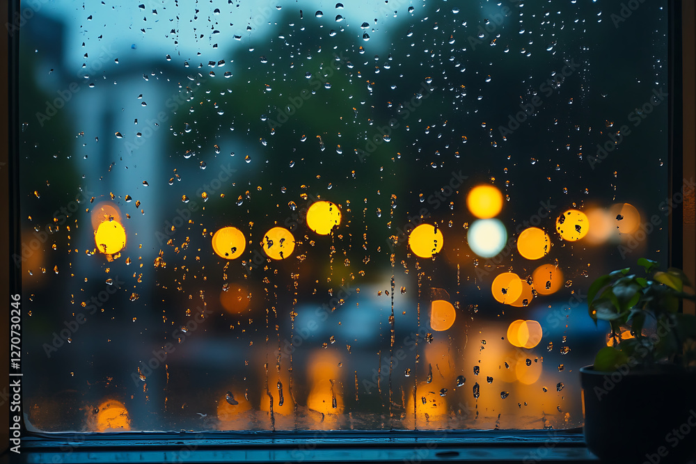 Fototapeta premium Raindrops sliding down windowpane create a cozy atmosphere indoors by distorting view