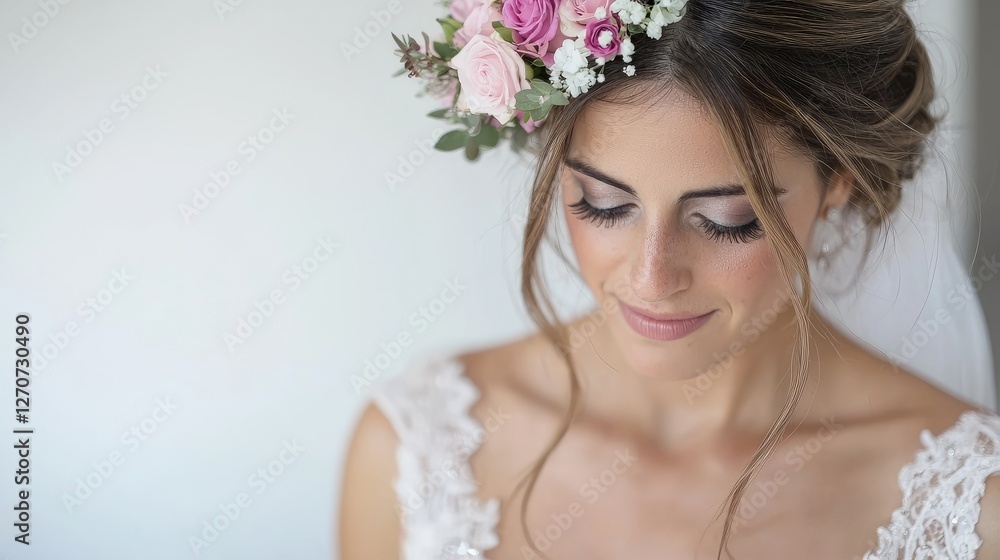 Bride portrait, floral crown, wedding day, soft background, bridal preparation Bride portrait, floral crown, wedding day, soft background, bridal preparation