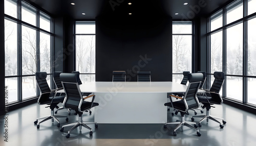 Modern Office Conference Room with Minimalist Design, Large Windows and Empty Meeting Space in Corporate Business Setting, Interior Photography photo