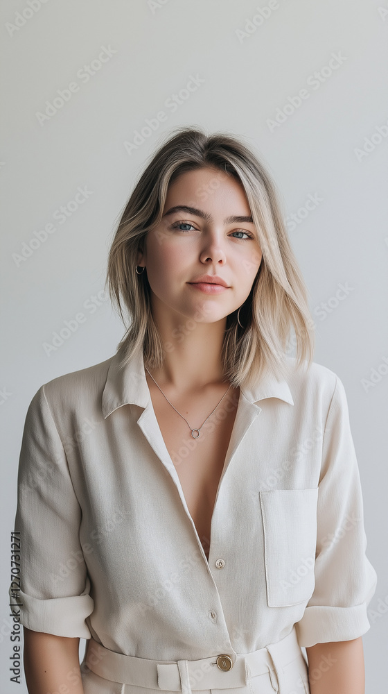 Fototapeta premium Blonde Frau in weißem Hemd vor hellem Hintergrund. Business-Portrait im minimalistischen Stil mit natürlicher Ausstrahlung