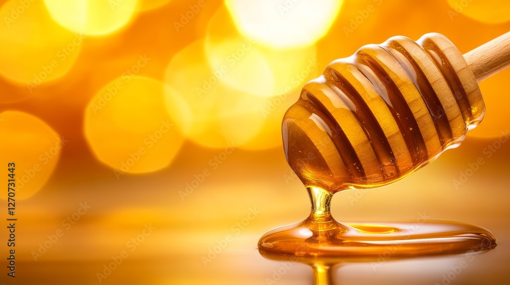 Close-up of honey dripping from a wooden dipper, with a blurred golden background creating warmth Close-up of honey dripping from a wooden dipper, with a blurred golden background creating warmth