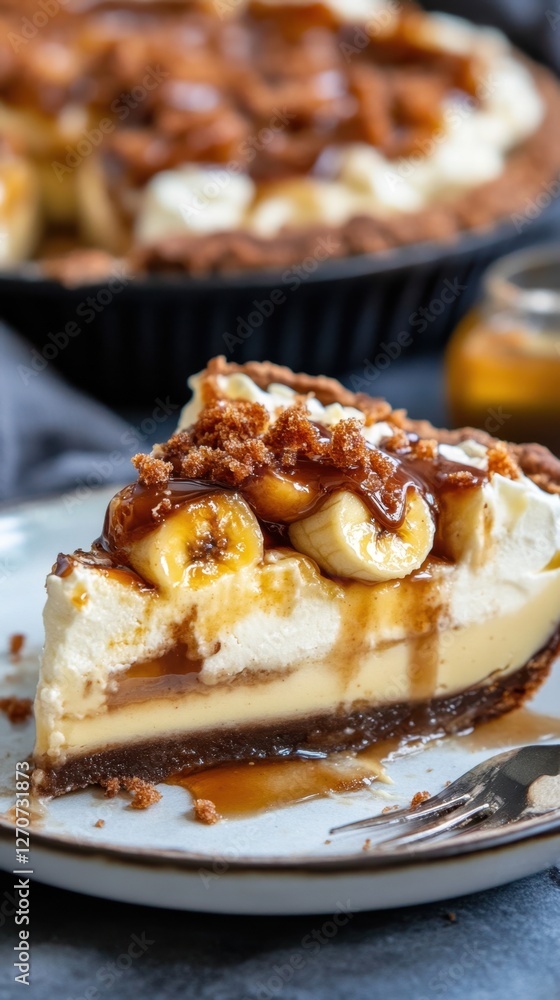 Delicious caramel banana cream pie with whipped topping and crumbled biscuit base. National Banana Cream Pie Day Delicious caramel banana cream pie with whipped topping and crumbled biscuit base. National Banana Cream Pie Day