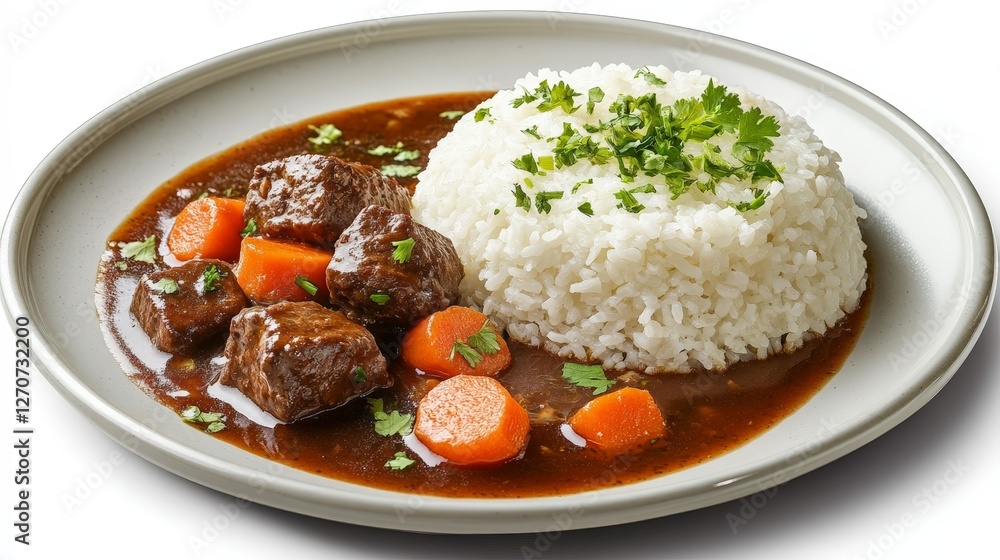 A plate of beef stew with carrots served alongside fluffy white rice, garnished with cilantro. A plate of beef stew with carrots served alongside fluffy white rice, garnished with cilantro.