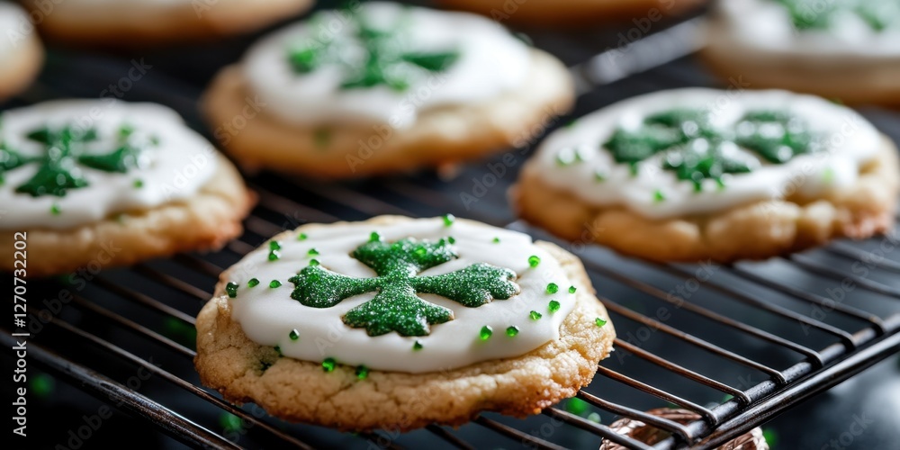 St. patrick's day shamrock sugar cookies with green icing on baking rack St. patrick's day shamrock sugar cookies with green icing on baking rack