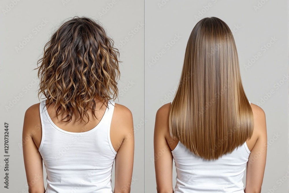 Fototapeta premium Side-by-side view of wavy and straight hair on a woman wearing a white tank top, set against a clean light background. Concept of hairstyle transformation. Ai generative.