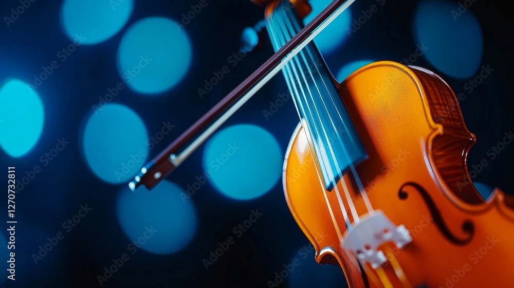 Fototapeta premium Close-up of a vibrant orange violin with a bow against a blurred blue bokeh background