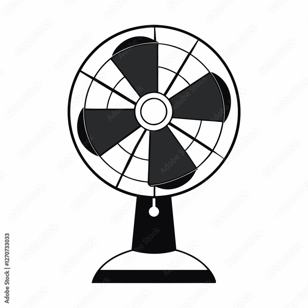 A simple black and white illustration of a desk fan with five blades A simple black and white illustration of a desk fan with five blades