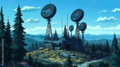 A large space communications station building with large satellite antennas on top. The setting is a forest with a mountainous background.
