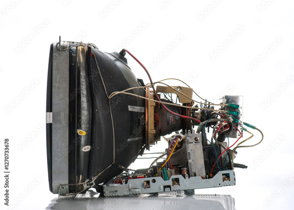 Old television set disassembled showing internal components and wiring in a clean environment Old television set disassembled showing internal components and wiring in a clean environment