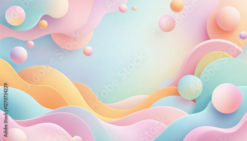 Fondo abstracto con esferas y formas onduladas en colores pastel
