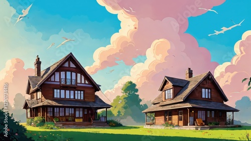 Illustration, a house, garden, lots of clouds