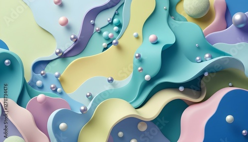 Fondo abstracto con esferas y formas onduladas en colores pastel