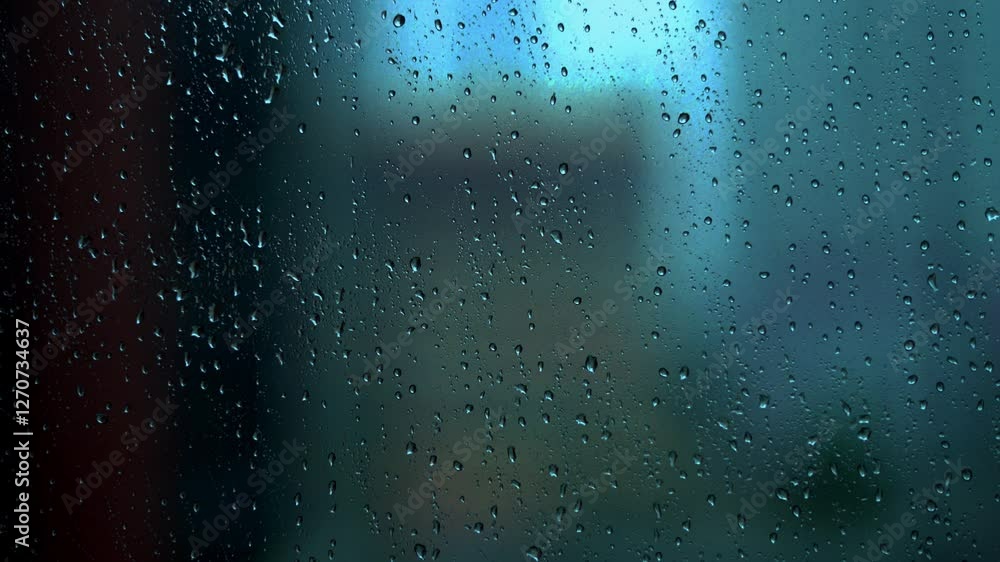 Rainy day, water drops in window with dark evening time
Rainy day, water drops in window with dark evening time